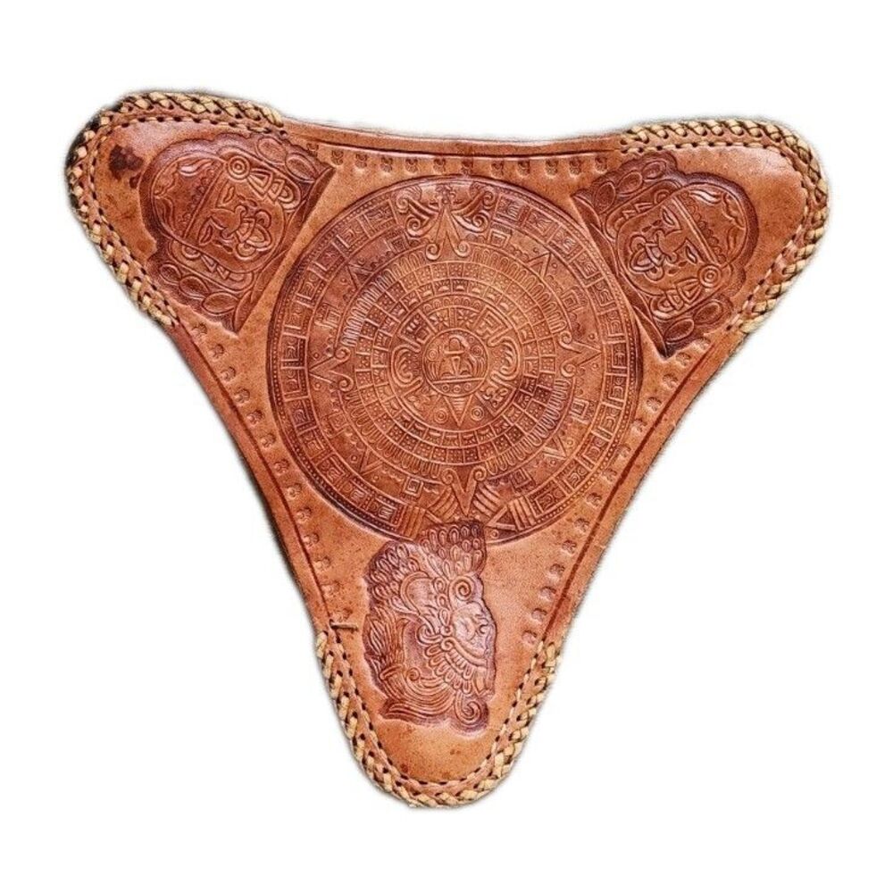 Vintage Hand-Tooled Mexican Leather Tripod Stool Seat Cover Aztec Design‎